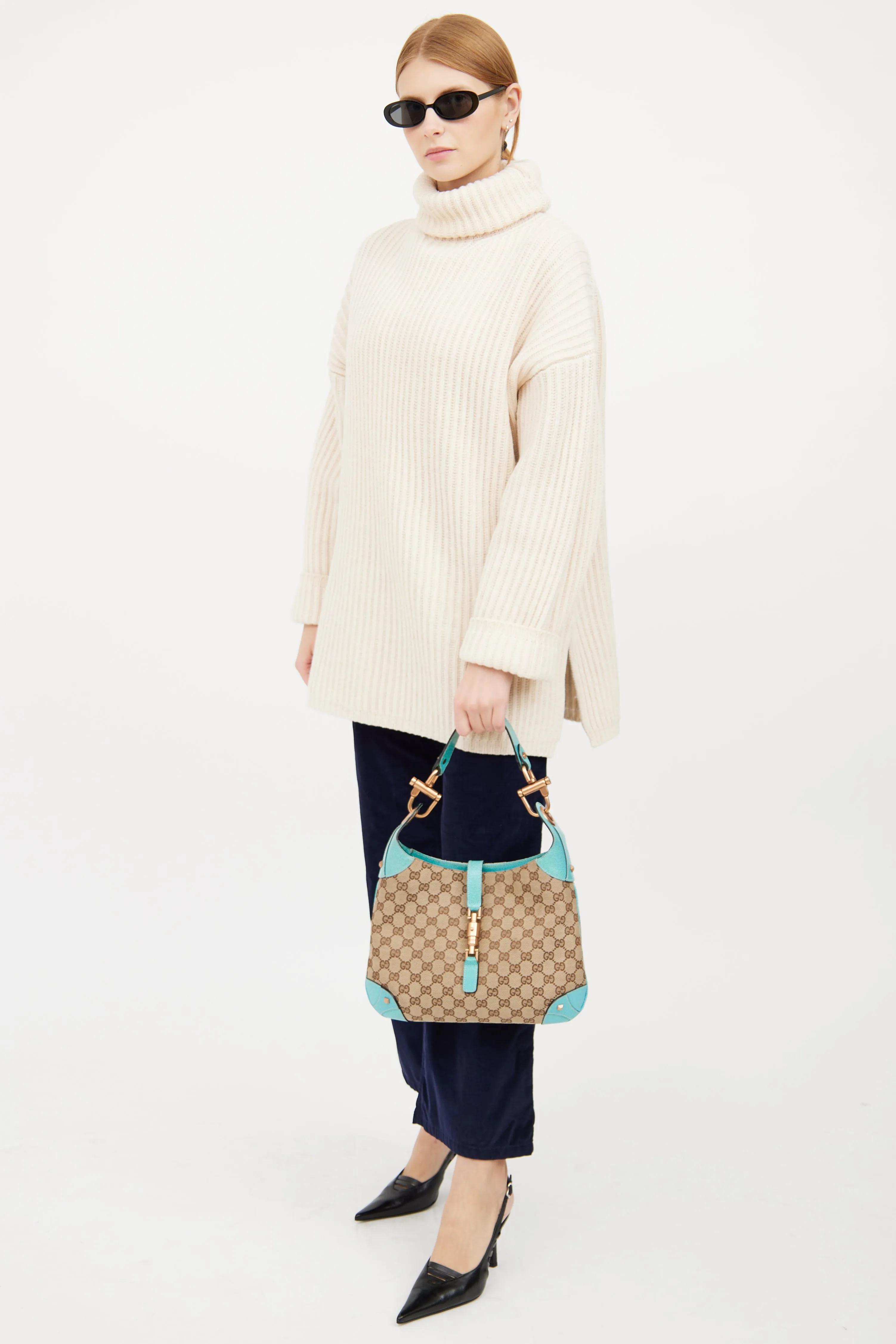 Beige & Teal GG Canvas Piston Lock Jackie Bag