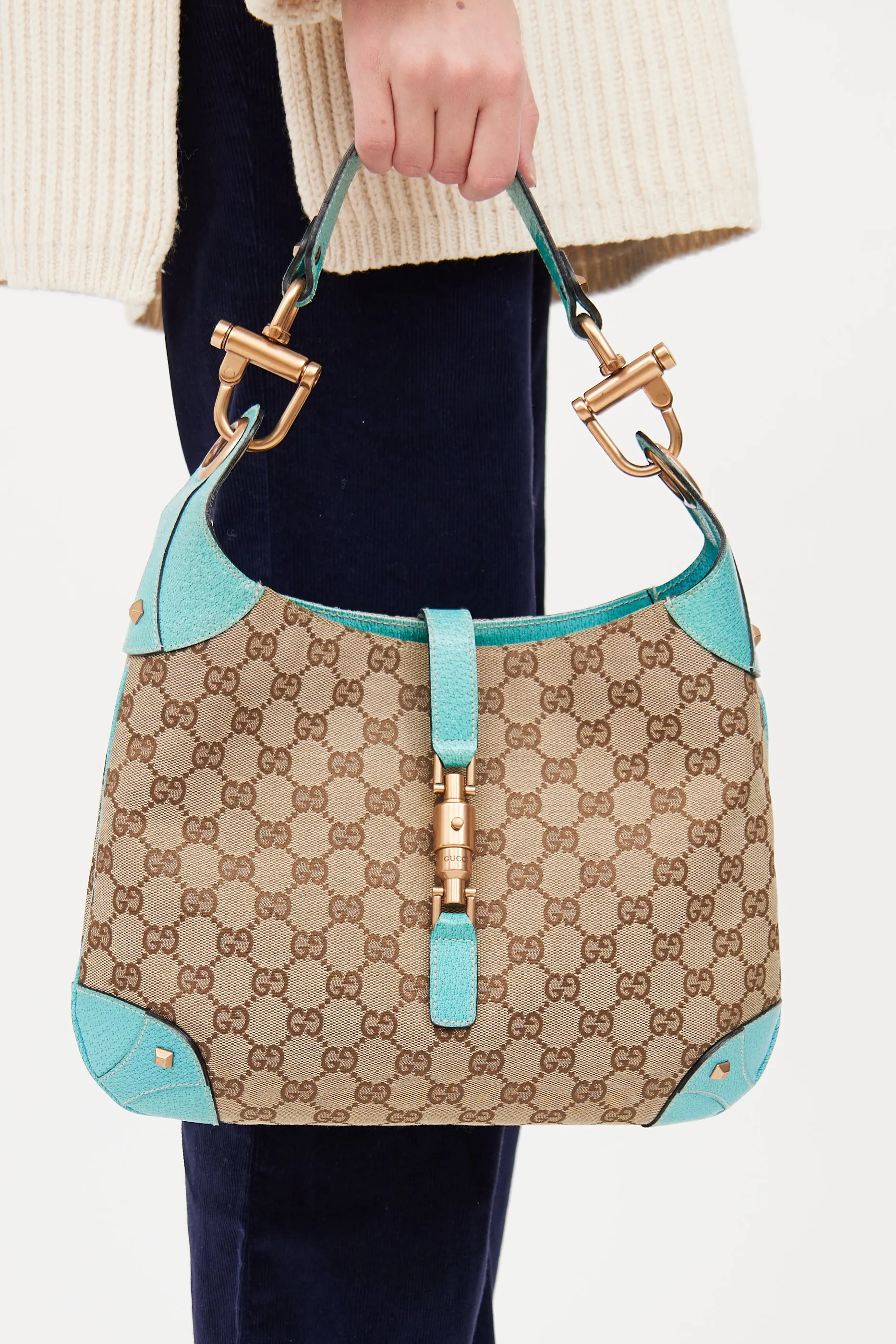 Beige & Teal GG Canvas Piston Lock Jackie Bag