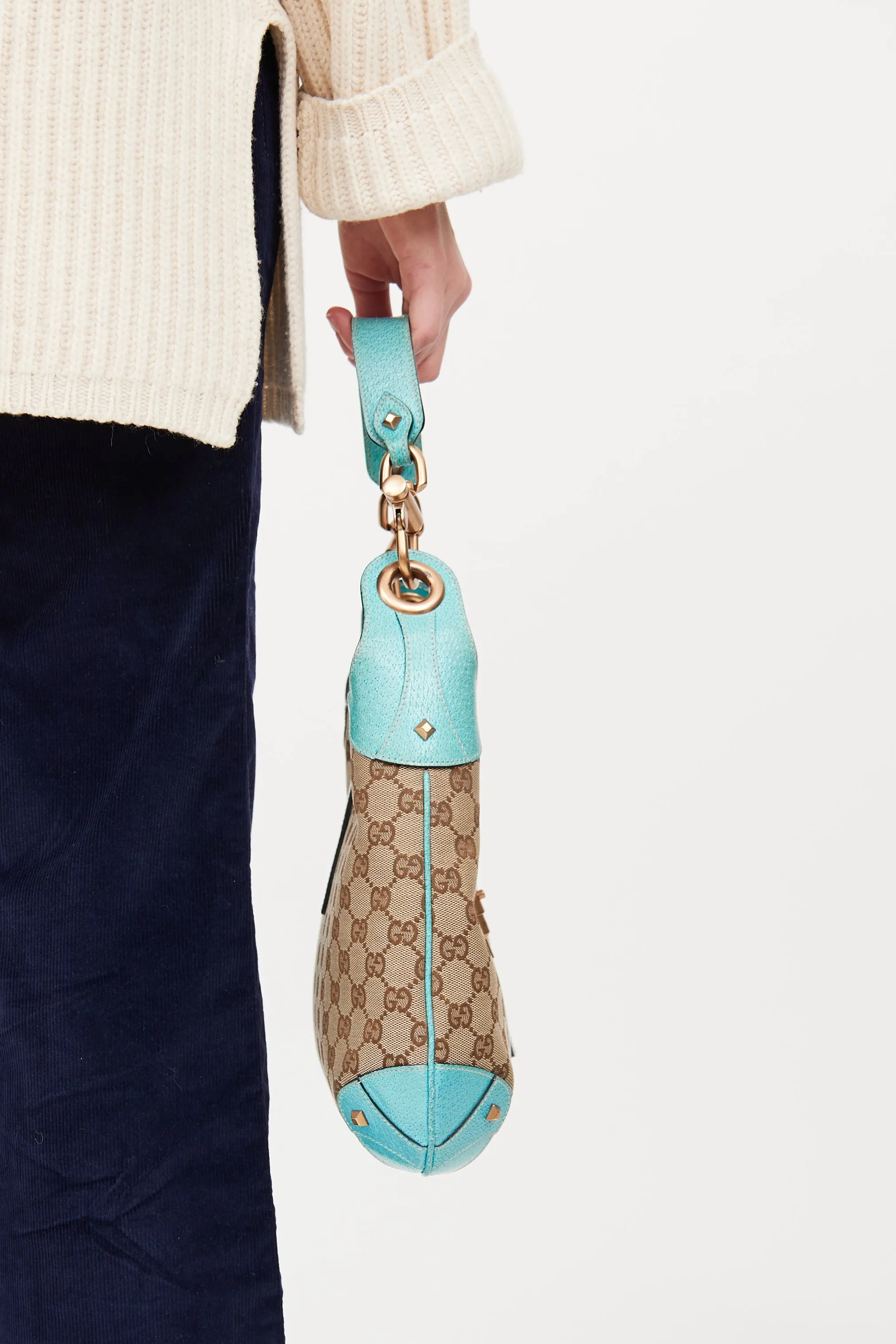 Beige & Teal GG Canvas Piston Lock Jackie Bag