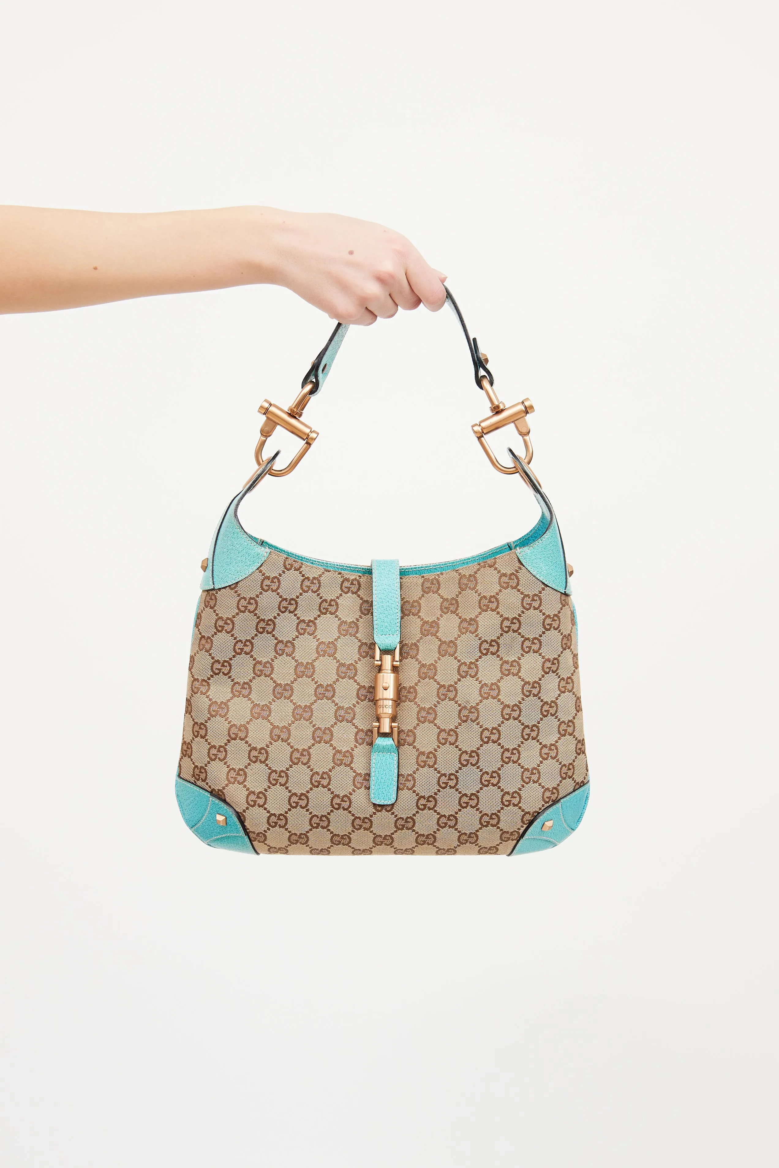 Beige & Teal GG Canvas Piston Lock Jackie Bag
