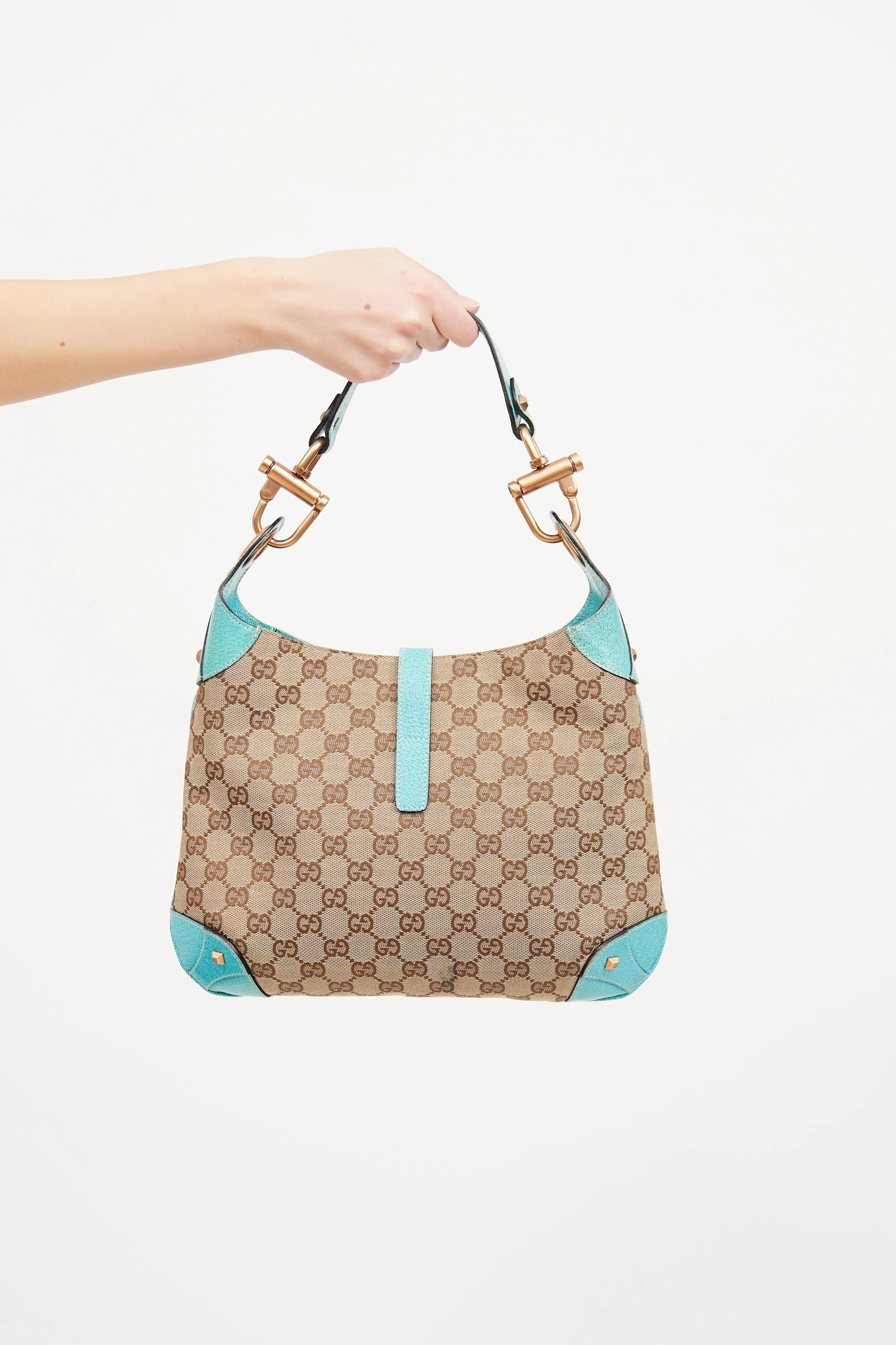 Beige & Teal GG Canvas Piston Lock Jackie Bag