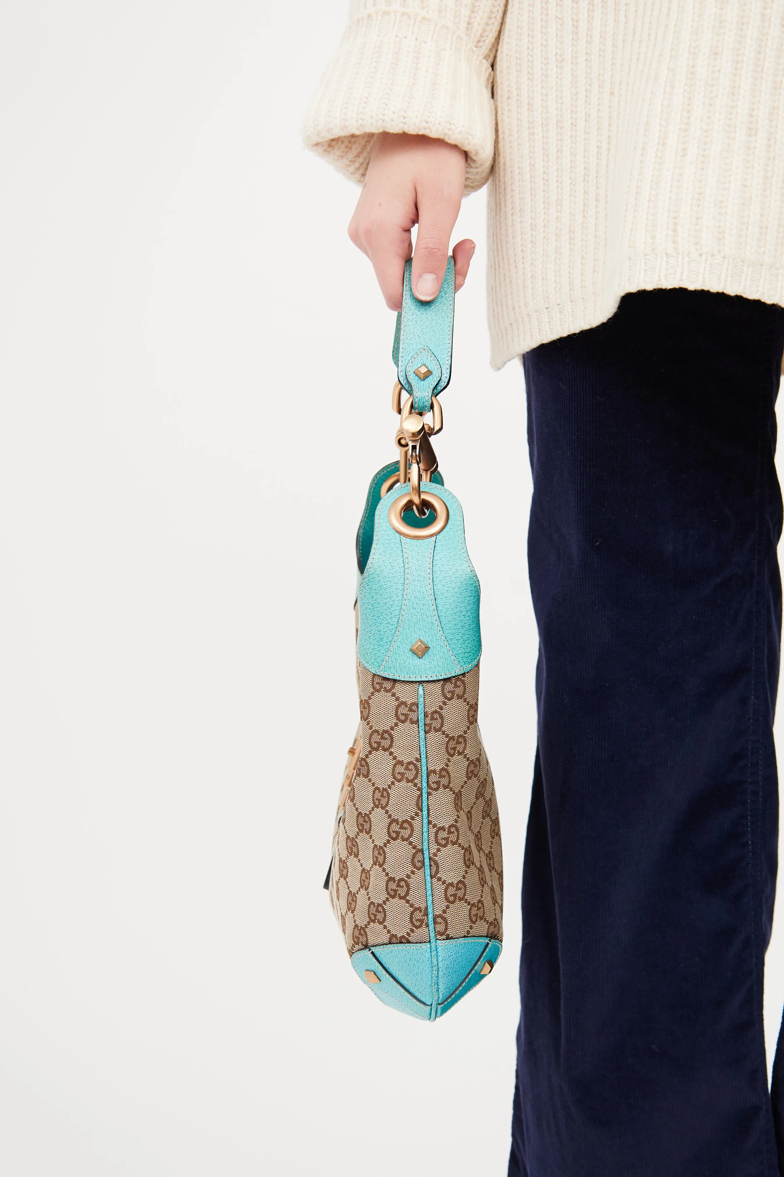 Beige & Teal GG Canvas Piston Lock Jackie Bag