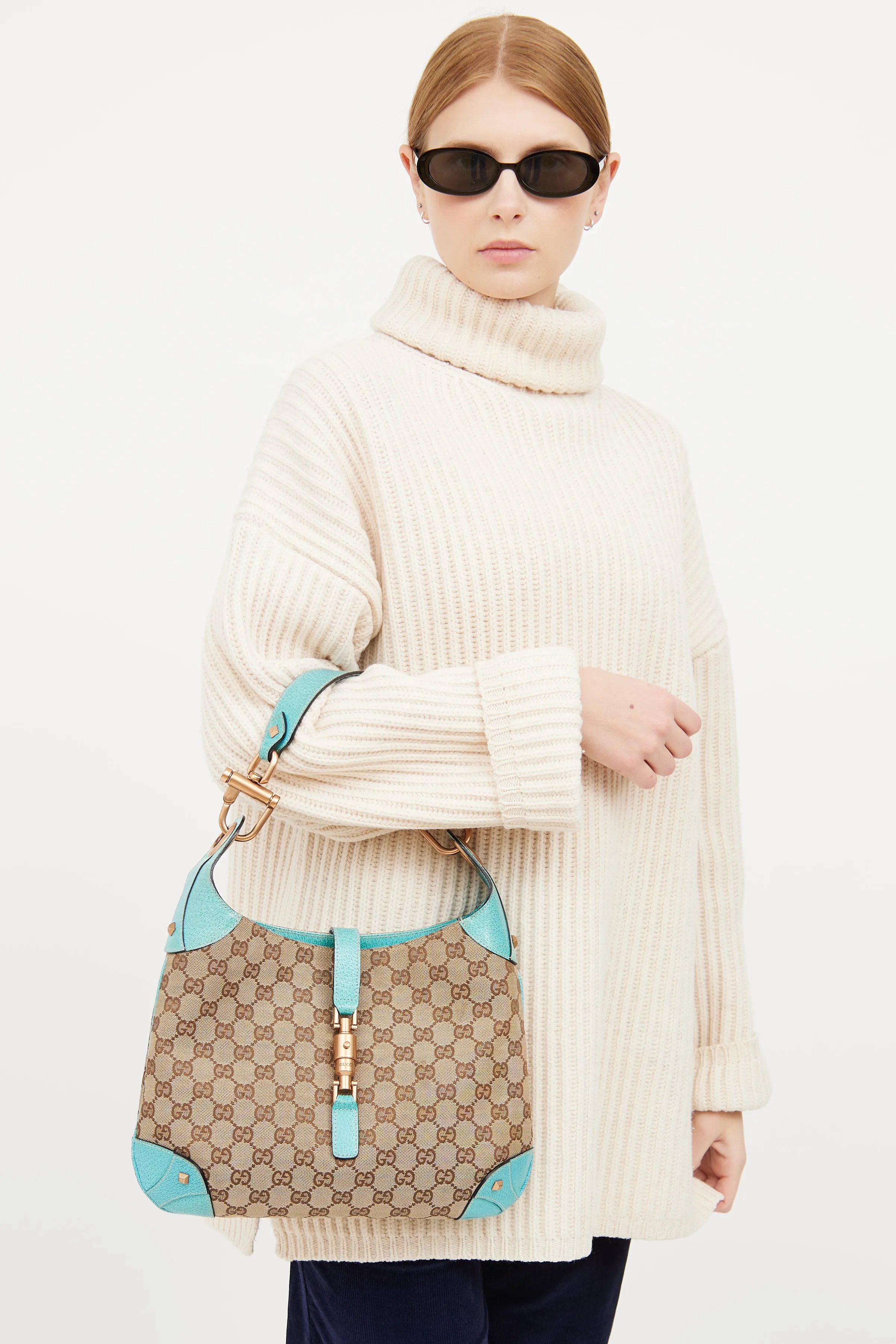 Beige & Teal GG Canvas Piston Lock Jackie Bag