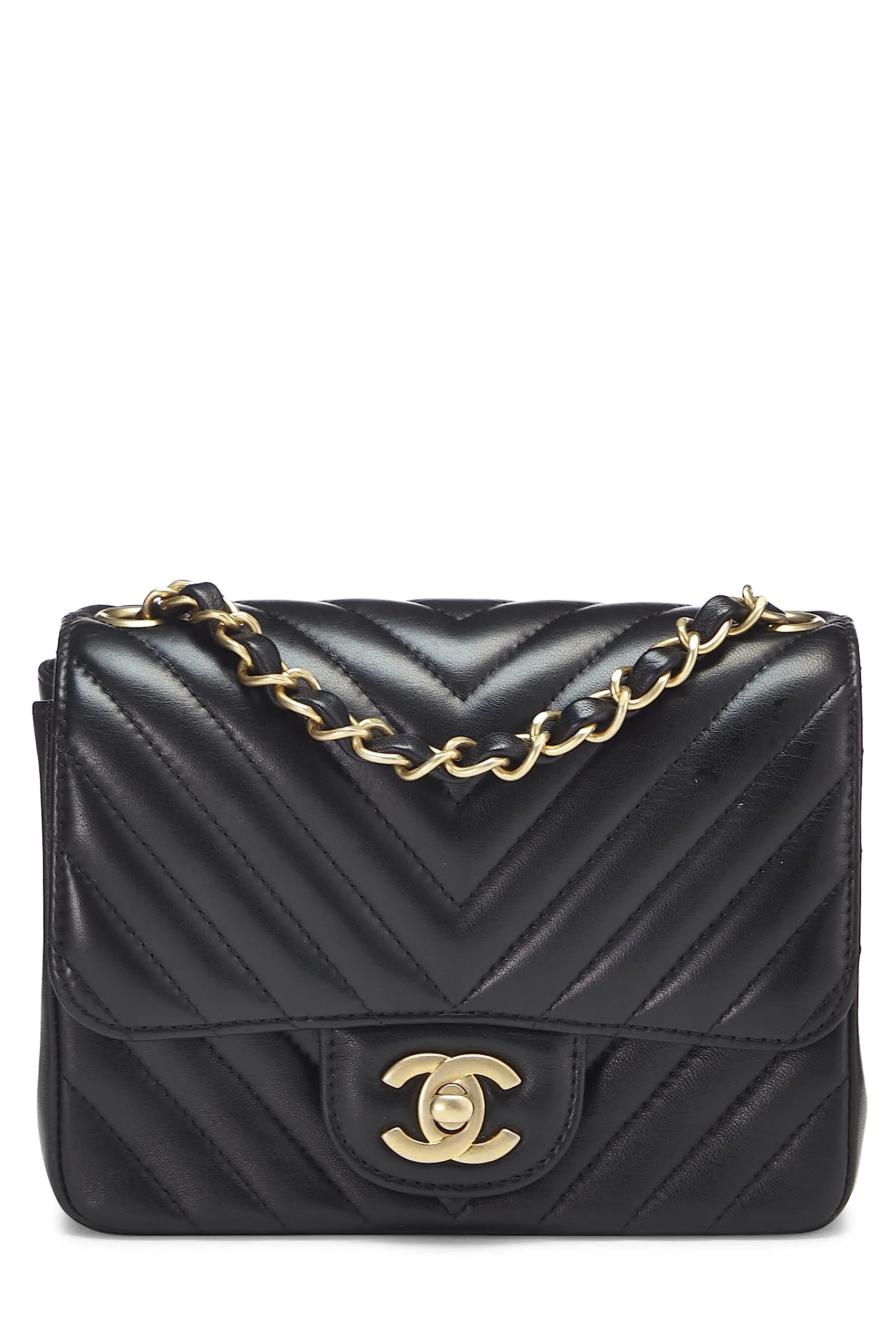Chanel,  Black Chevron Lambskin Square Flap Mini, Black