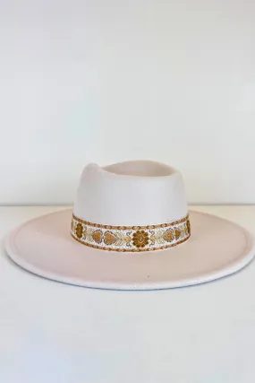 Embroidered Strap Panama Wide Brim Hat Ivory