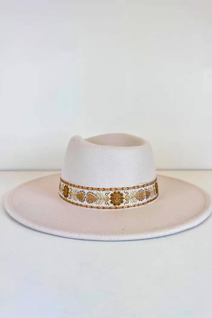 Embroidered Strap Panama Wide Brim Hat Ivory