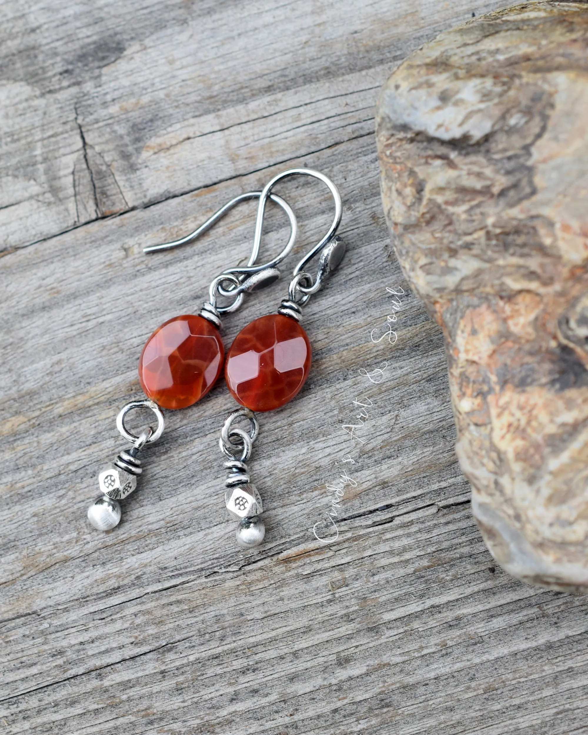 Handcrafted Bohemian Style Earrings. Carnelian Handcrafted Burnt Orange Gemstone Earrings. Rusty Orange Faceted Stone Jewelry. Hill Tribe Pure Silver Beaded Dangles.