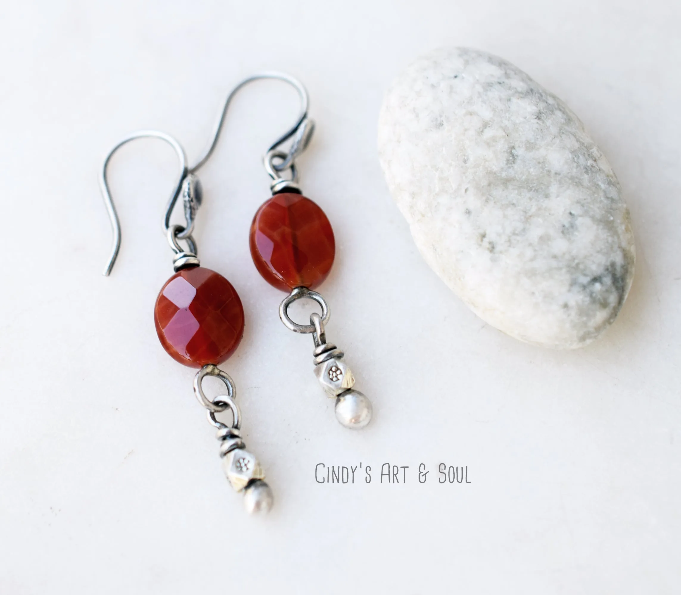 Handcrafted Bohemian Style Earrings. Carnelian Handcrafted Burnt Orange Gemstone Earrings. Rusty Orange Faceted Stone Jewelry. Hill Tribe Pure Silver Beaded Dangles.