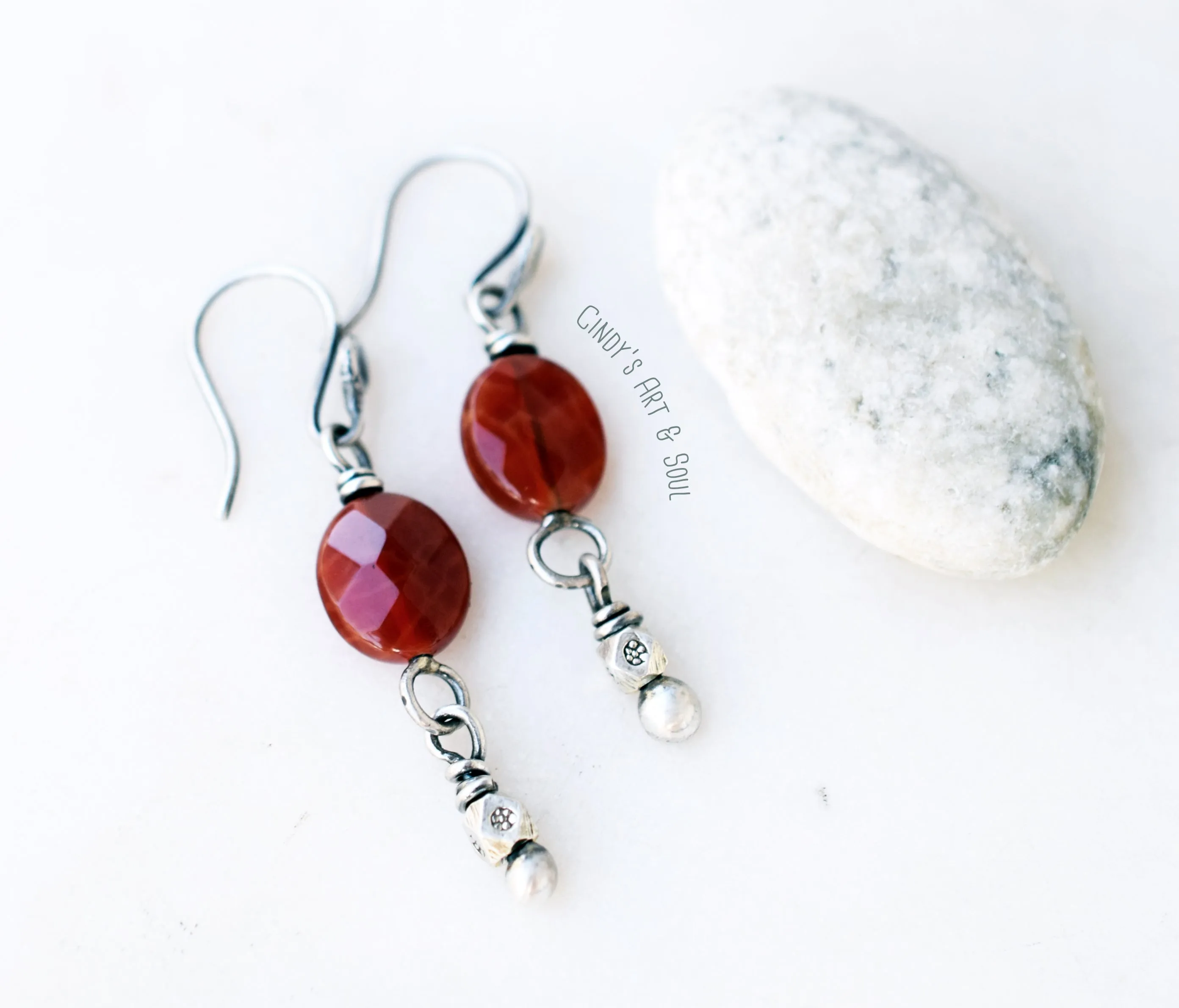 Handcrafted Bohemian Style Earrings. Carnelian Handcrafted Burnt Orange Gemstone Earrings. Rusty Orange Faceted Stone Jewelry. Hill Tribe Pure Silver Beaded Dangles.