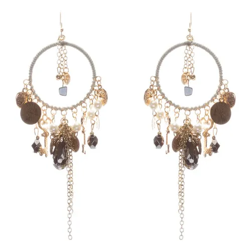 Multi Charms & Chains Floral Heart Drop Earrings Gray