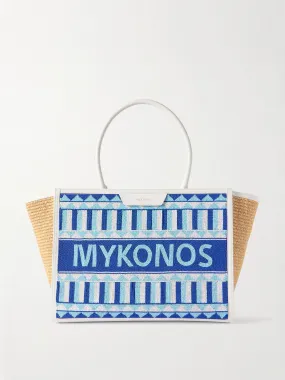 Mykonos leather-trimmed beaded raffia tote