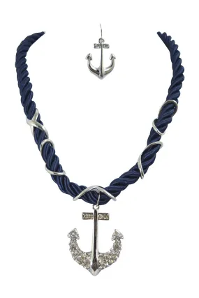 Nautical Navy Chunky Rope and Anchor Charm Necklace and Earrings Set