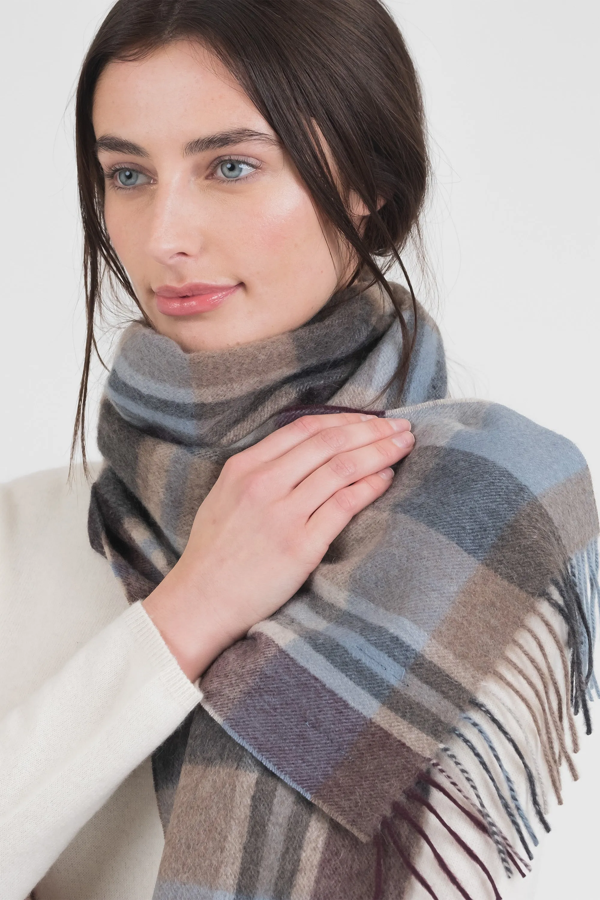 Square Check Cashmere Scarf - Damson